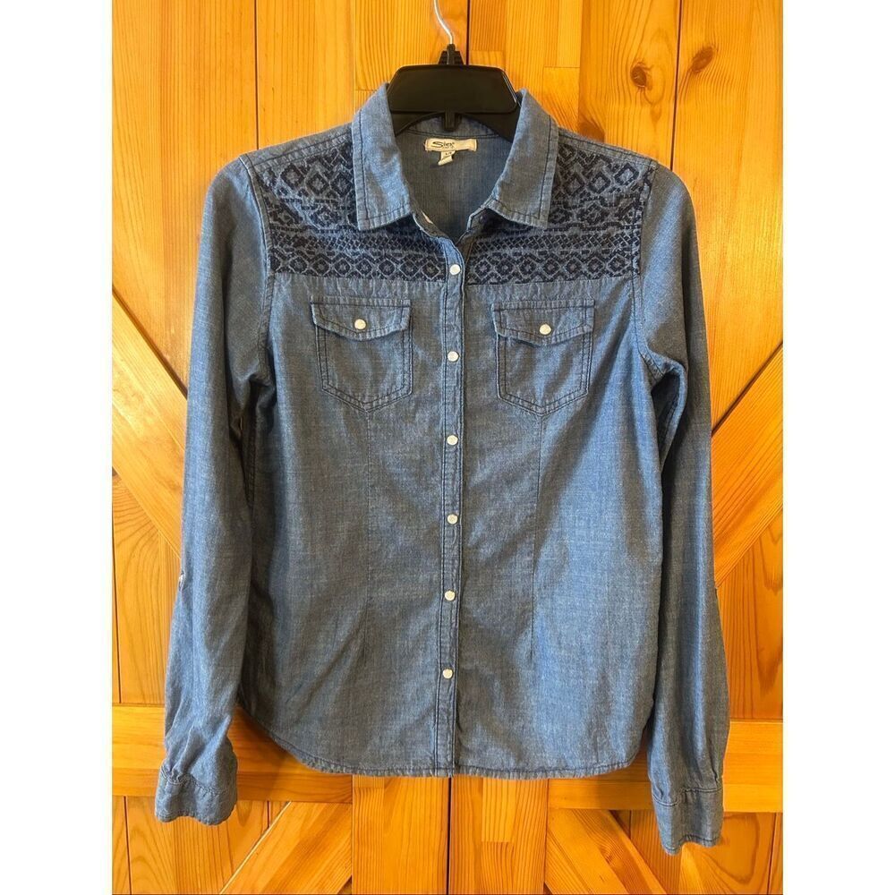 Silver Jeans Western Denim Shirt Medium Wash Pearl Snap Buttons Size Large (5649